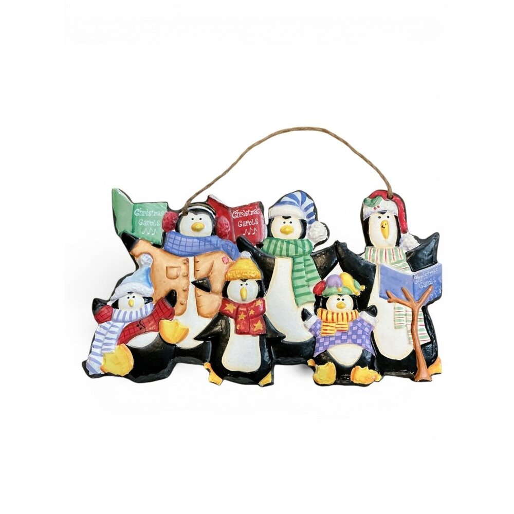 Hand-Painted Penguin Christmas Carolers Hanging Decoration 11" X 9"‎